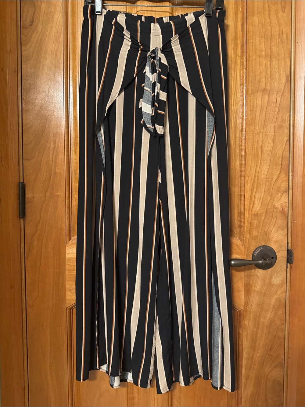 Open leg Striped High-Waist Tie Front Wide Leg Pants -